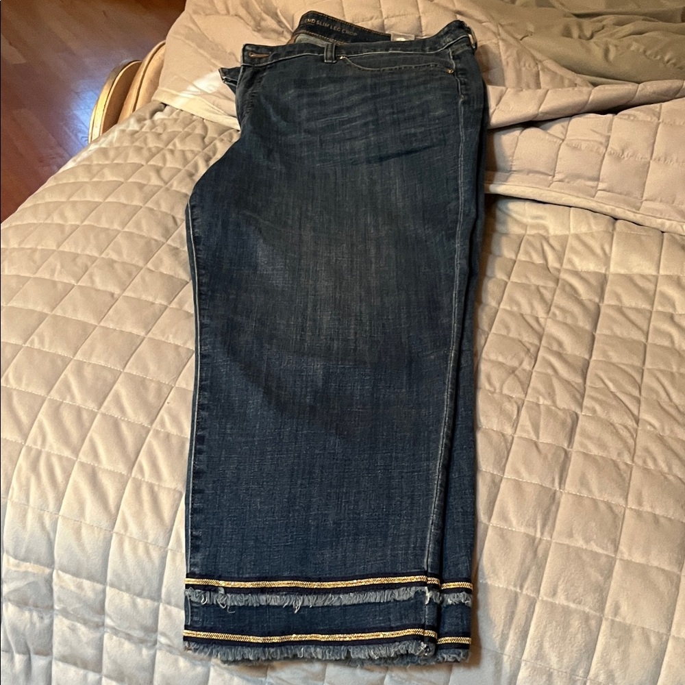 Chico's Dark Blue Cropped Jeans with Fringe
